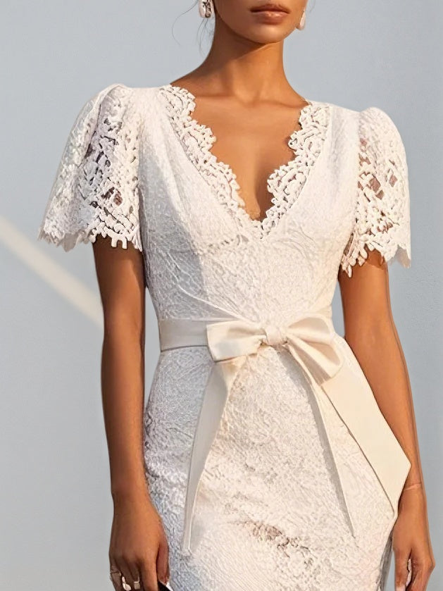 White Bow Lace V Neck Short Sleeve Sheath Midi Dress