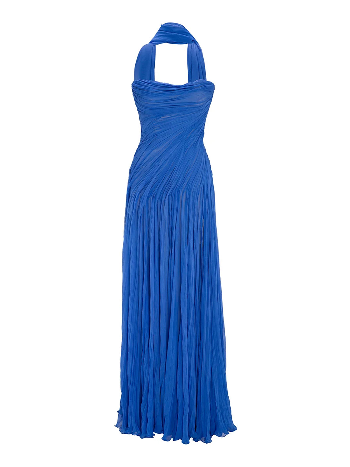 Blue Chiffon A Line Off The Shoulder Sleeveless Floor Length Pleated Dress