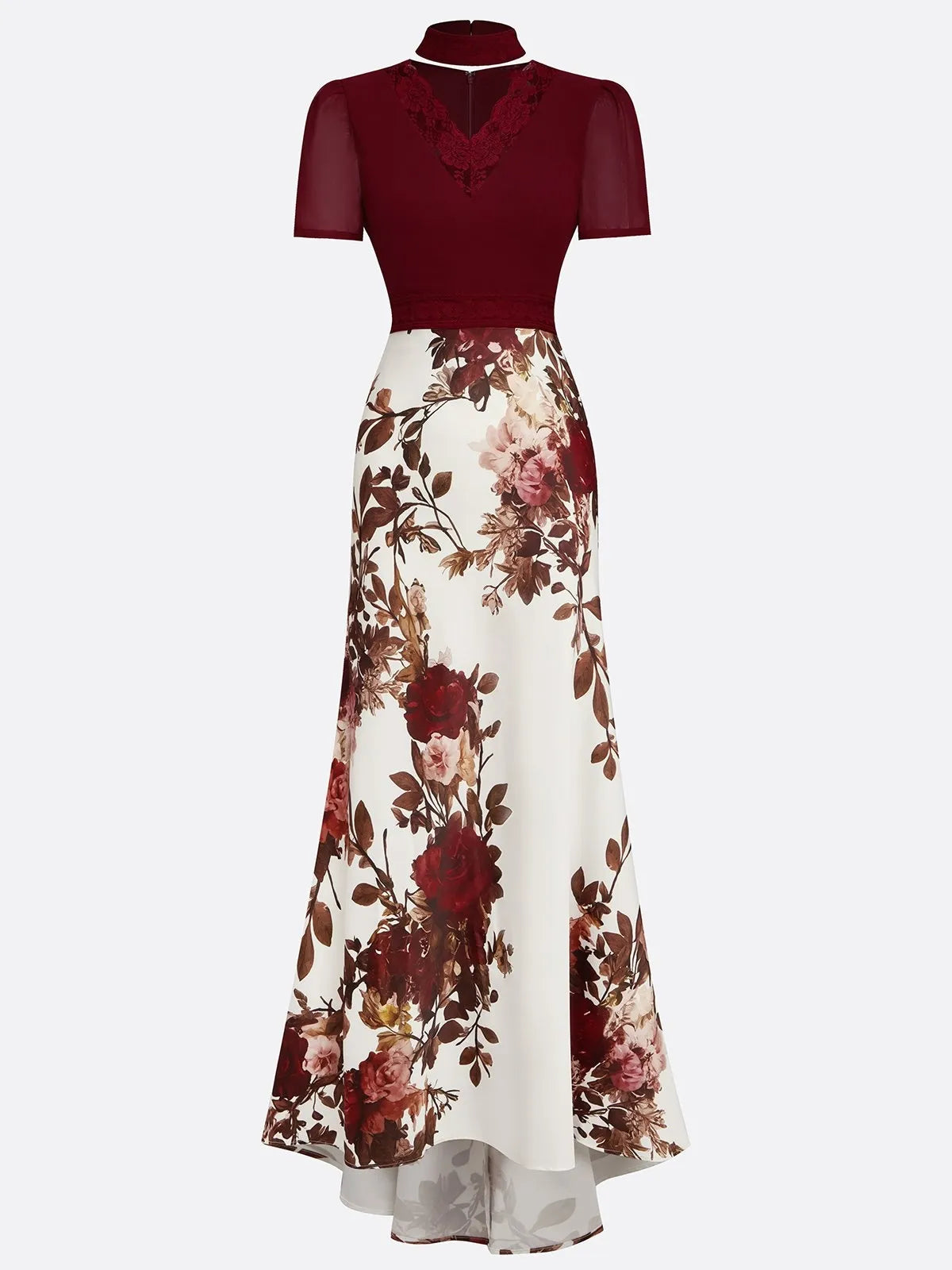 Wine Red Lace Floral Satin V Neck Short Sleeve A-Line Maxi Dress