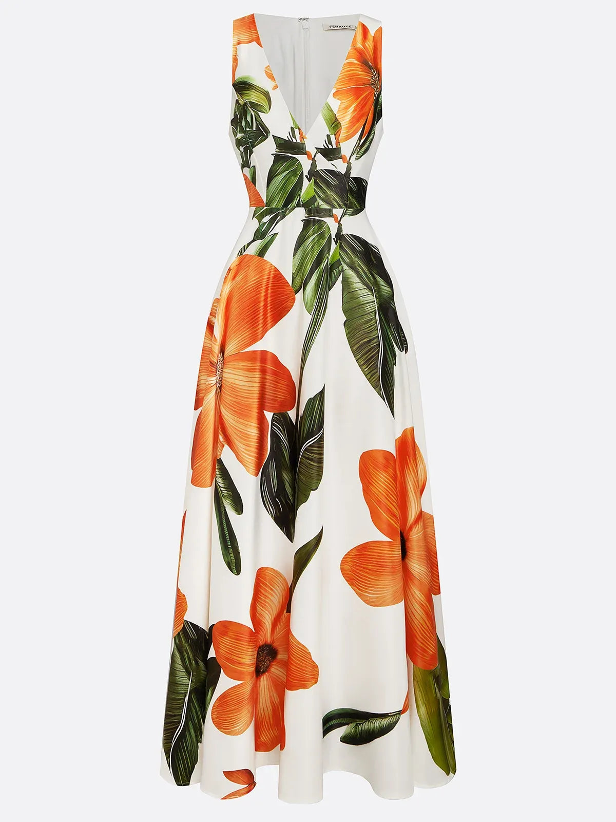 Orange Floral Classic V Neck Sleeveless A-Line Maxi Dress