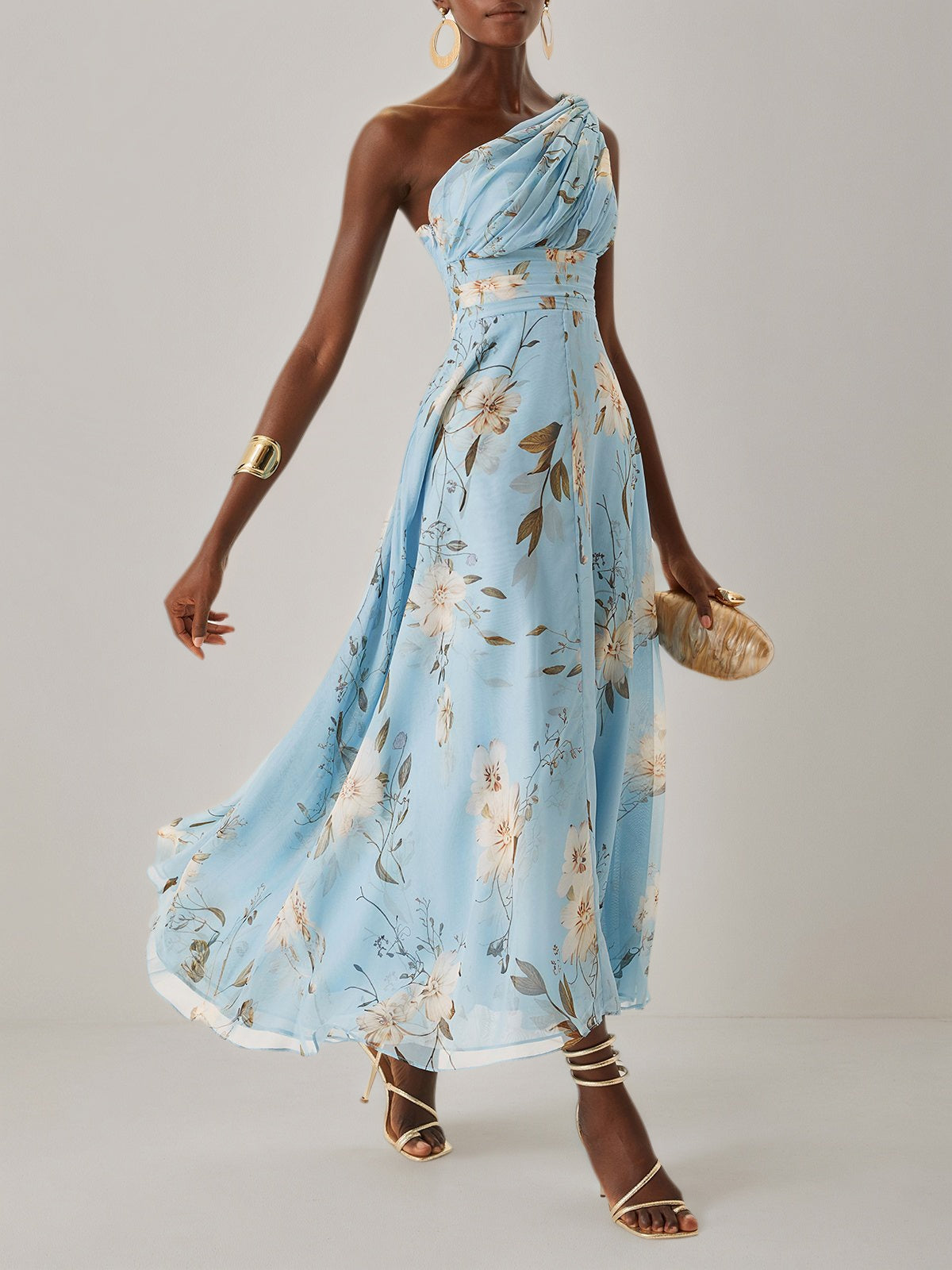 Light Blue Floral Ruched Chiffon One Shoulder Sleeveless A Line Maxi Dress
