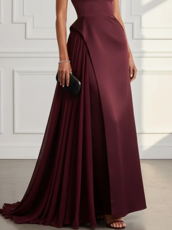 Burgundy Split Joint Mesh Satin Spaghetti Gallus A-Line Gown Dress
