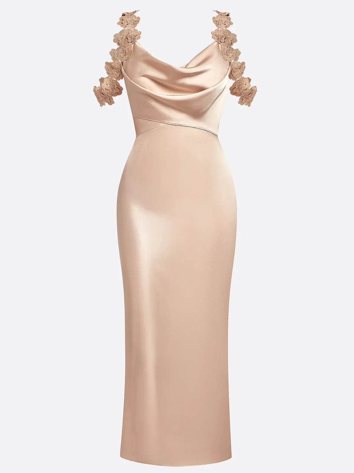 Champagne 3D Floral Satin Cowl Neck Sleeveless Sheath Midi Dress