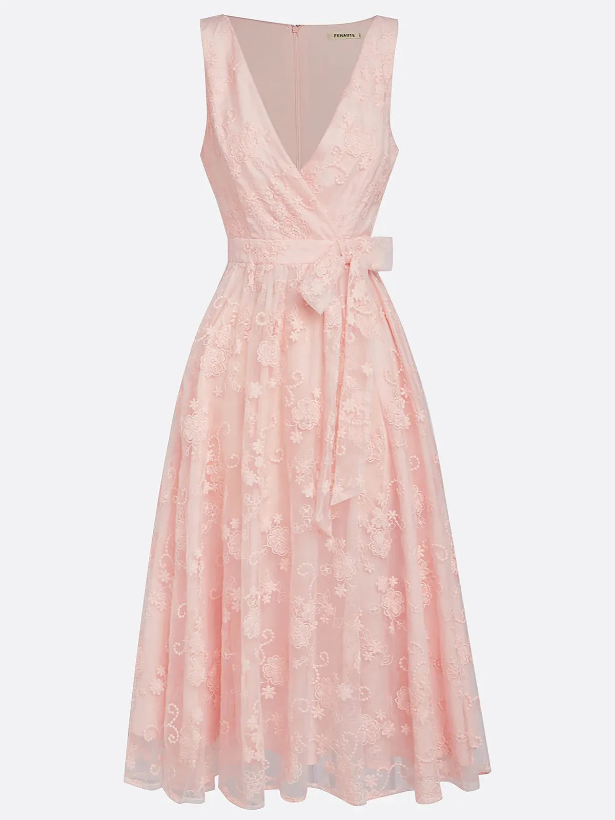 Light Pink Embroidered V Neck Sleeveless A-Line Midi Dress
