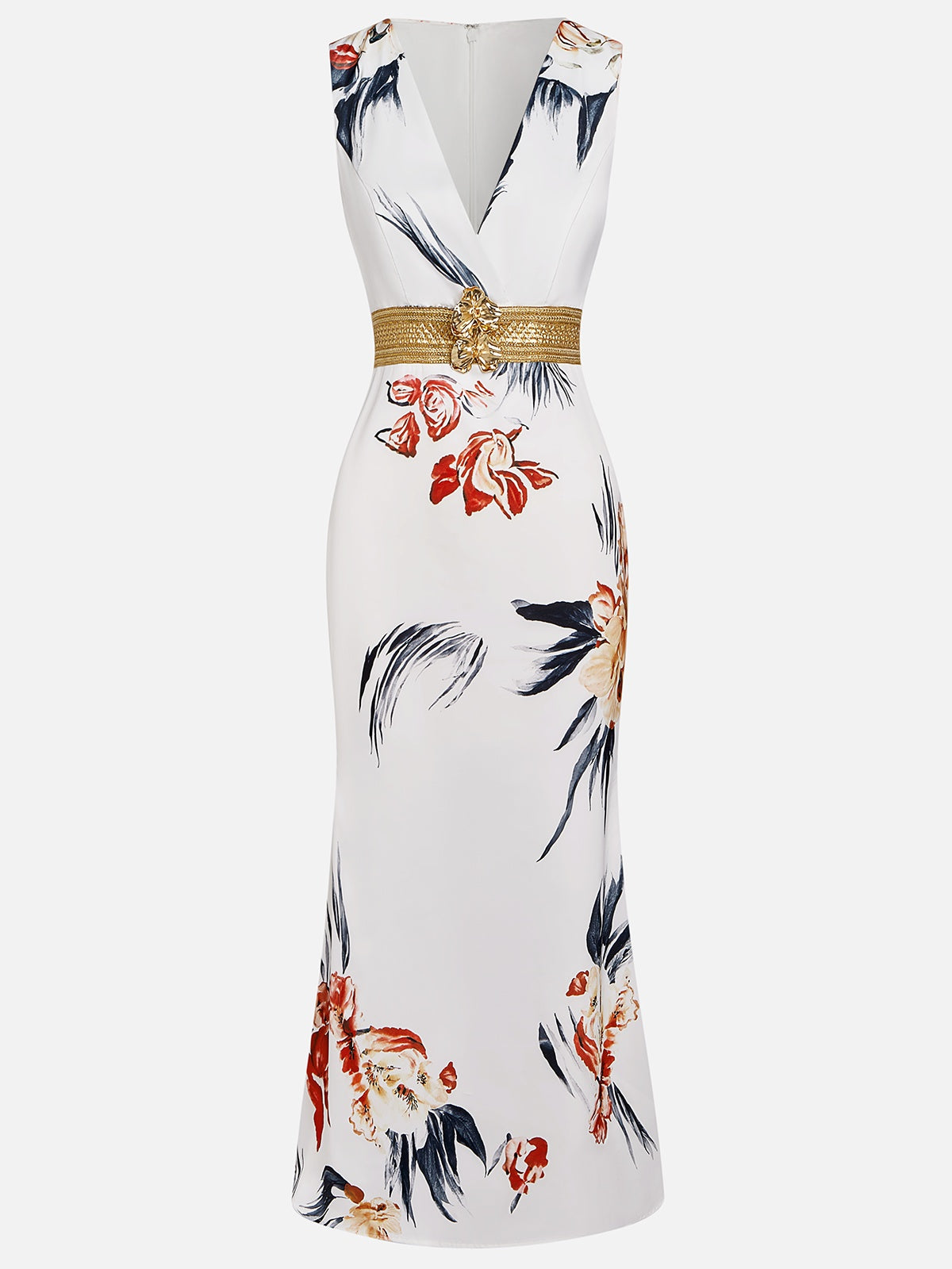 White Floral Satin V Neck Sleeveless A-Line Maxi Dress