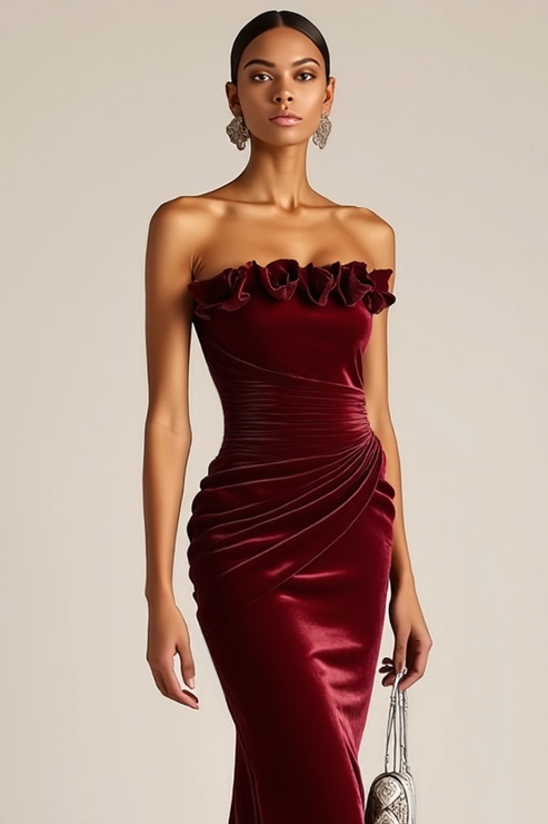 Formal Evening Dress Burgundy Strapless Velvet Maxi Dress with Ruffle
