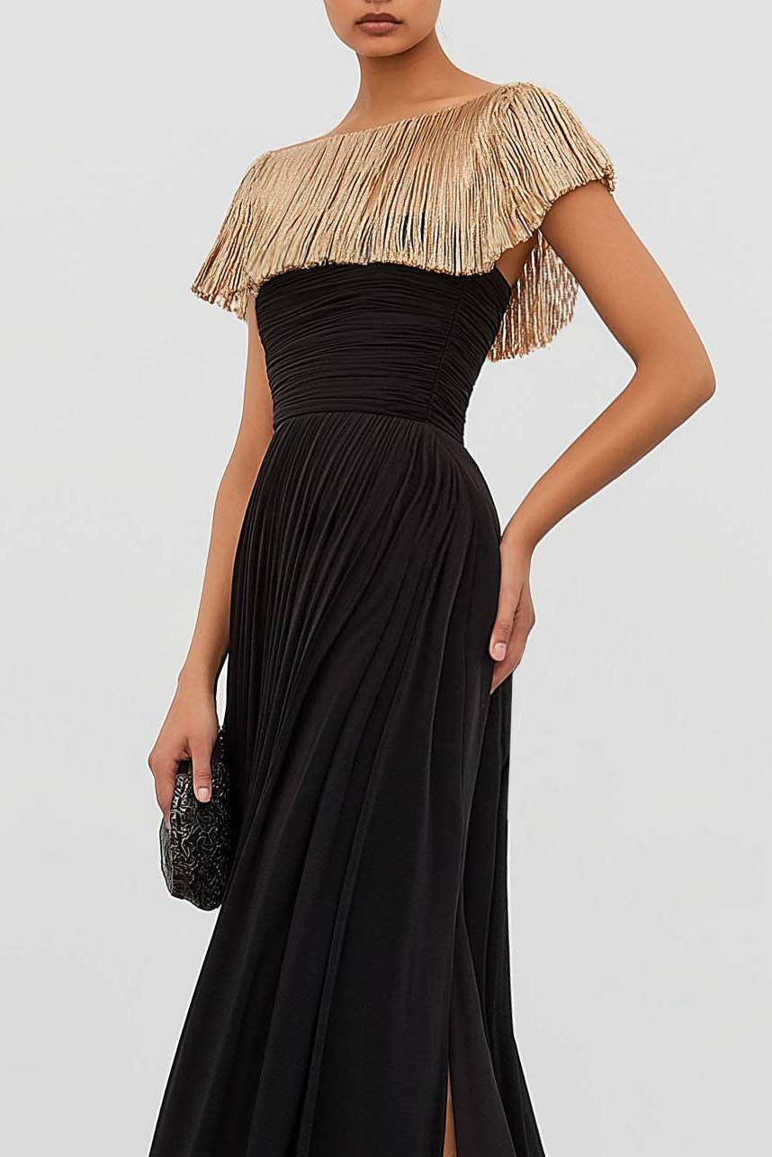 Formal Fringe Dress Boat Neck Black Gold Color Block Ruched Slit Gown
