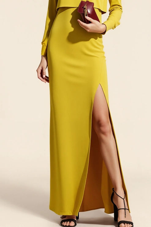 Yellow Formal Dress Sheath Crew Neck Maxi Dress with Slit