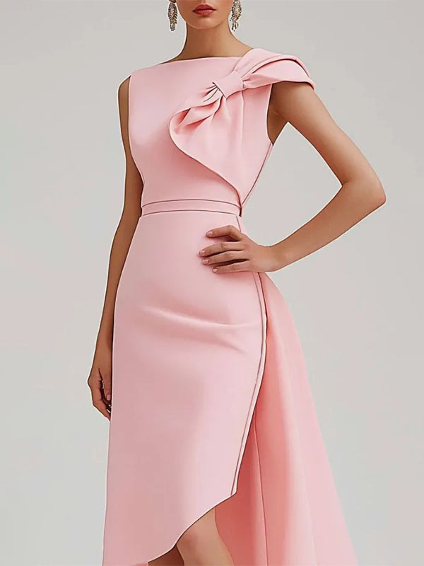 Wedding Guest Semi-Formal Dress Pink Sleeveless Bow Asymmetrical Midi Dress