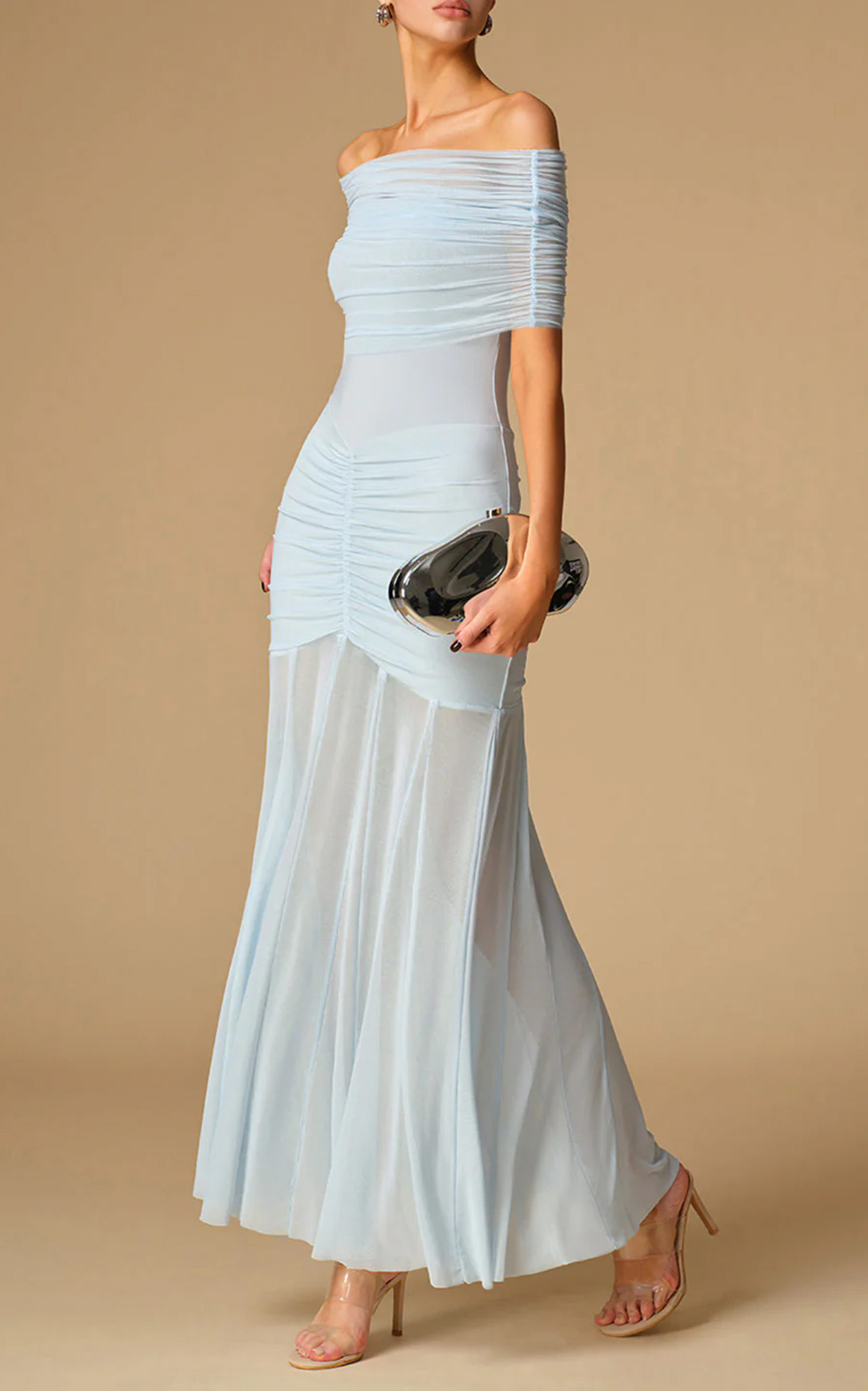 Off-Shoulder Ruched Semi-Sheer Dress