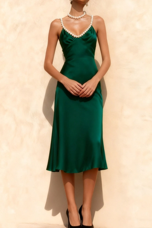 Emerald Green Formal Dress Beaded Spaghetti Straps Satin Midi Dress