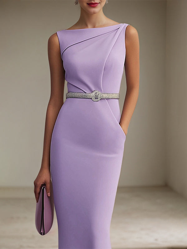 Semi-Formal Dress Purple Boat Neck Sleeveless Pockets Fomal Dresses