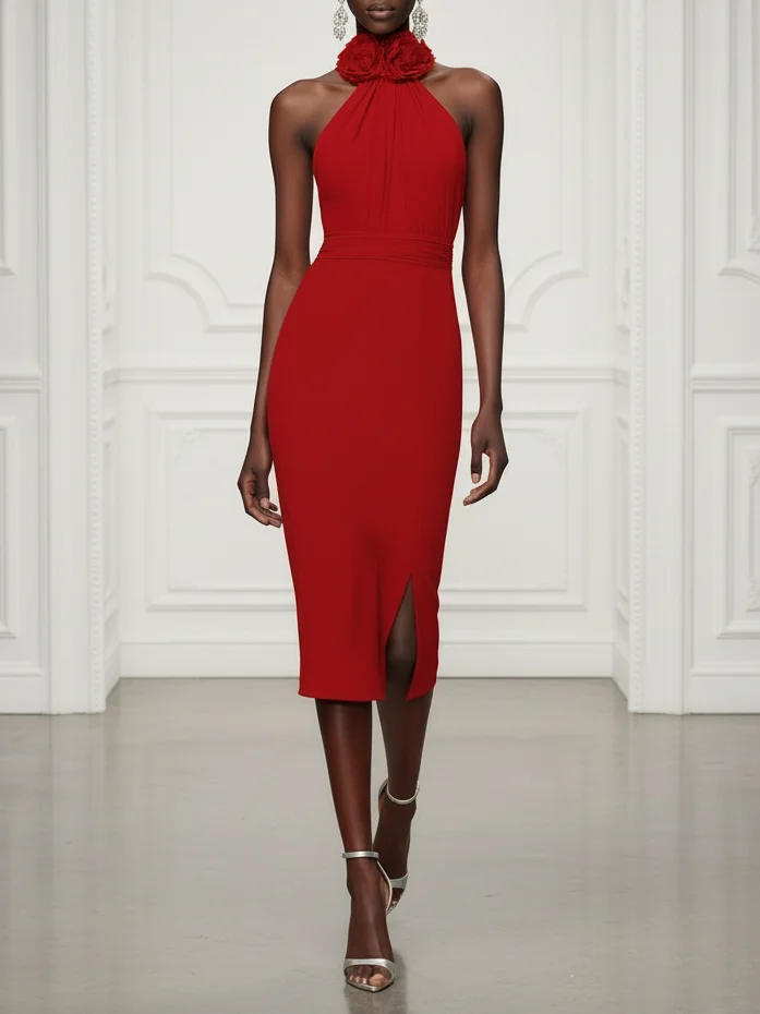 Red 3D Floral Ruched Knit Halter Sleeveless Sheath Midi Dress