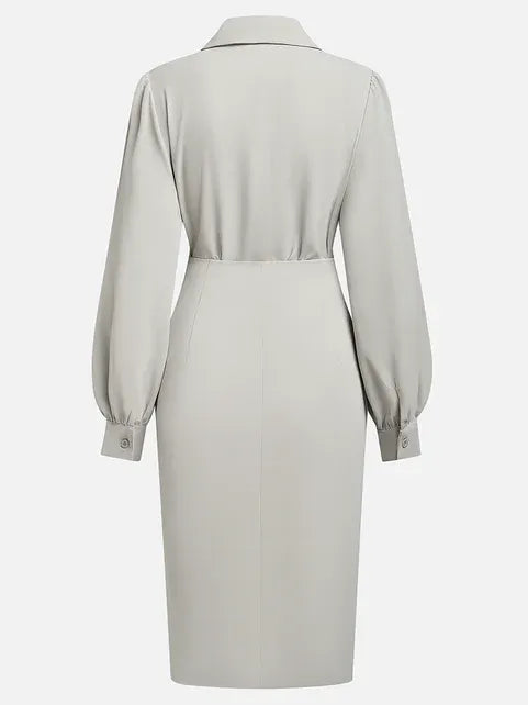 Light Gray Ruched Classic Shirt Collar Long Sleeve Sheath Midi Dress