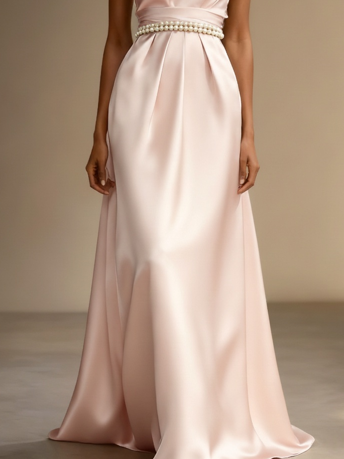 Pink Pearl Satin One Shoulder Sleeveless A-Line Gown Dress