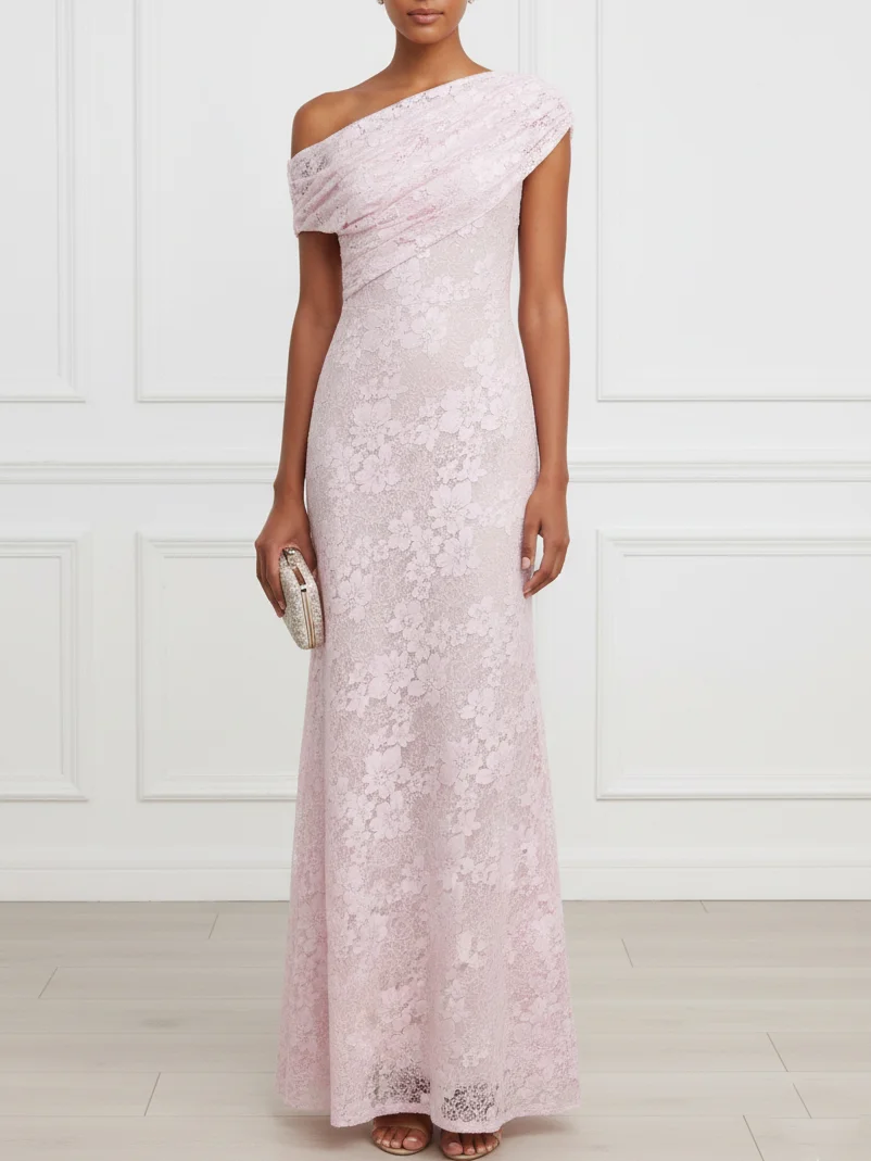 Pink Ruched Lace Off The Shoulder Short Sleeve Sheath Maxi Dress