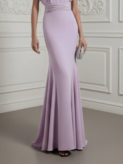 Lavender Ruched Classic Boat Neck Short Sleeve Raglan Sleeves Mermaid Gown Dress