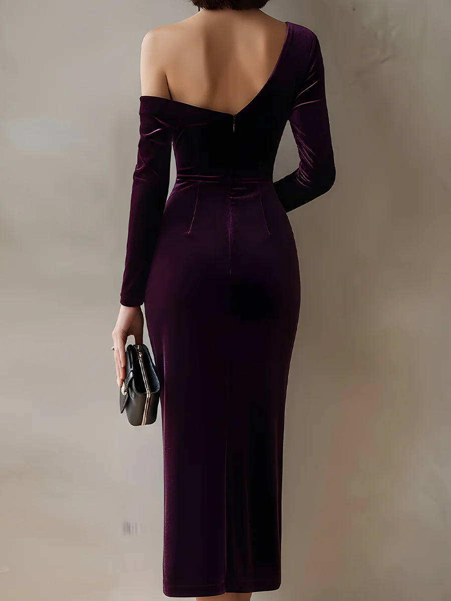 Burgundy One-Shoulder Velvet Midi Dress
