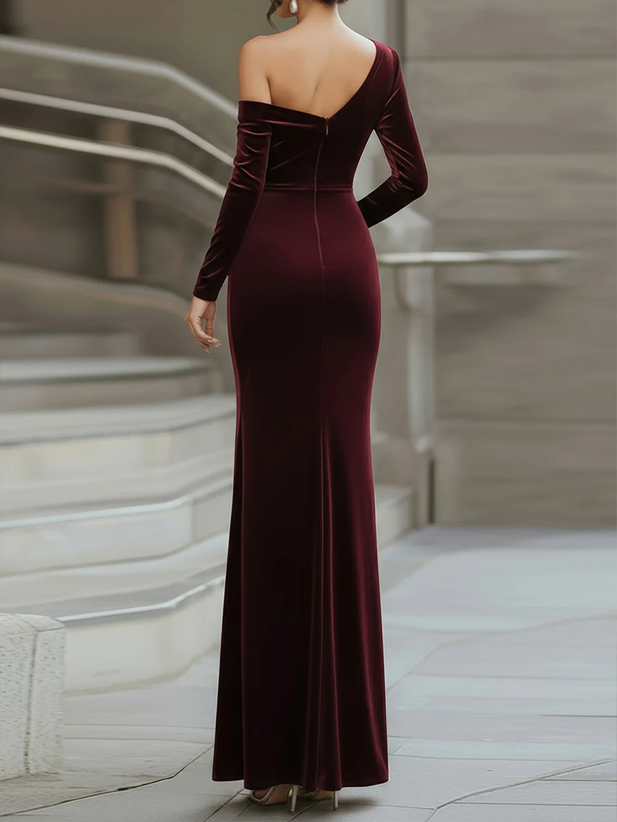  Burgundy Velvet One-Shoulder Evening Gown