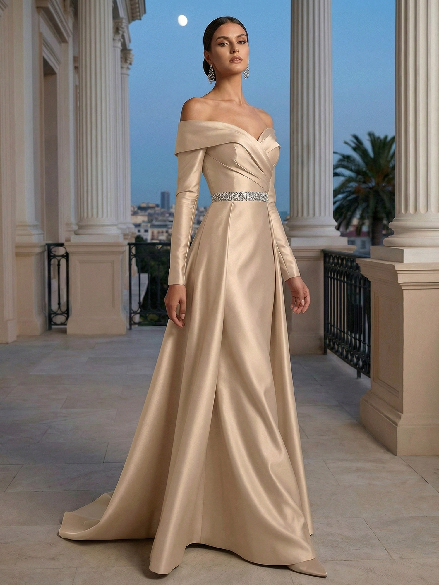 Formal Gold Satin Dress Off The Shoulder Long Sleeve Maxi Gown