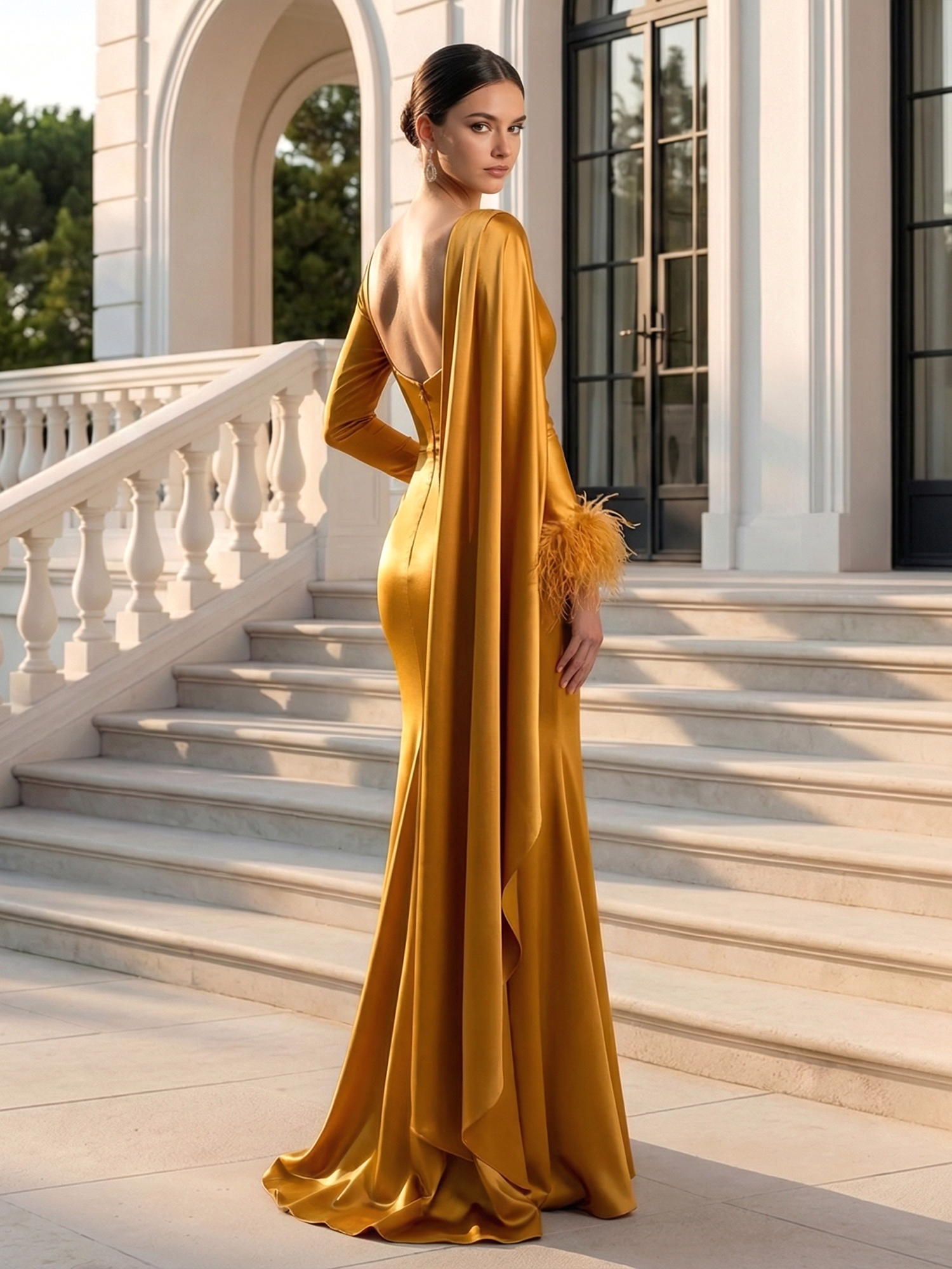 Evening Formal Gold Satin Dress V Neck Long Sleeve Cape Maxi Gown