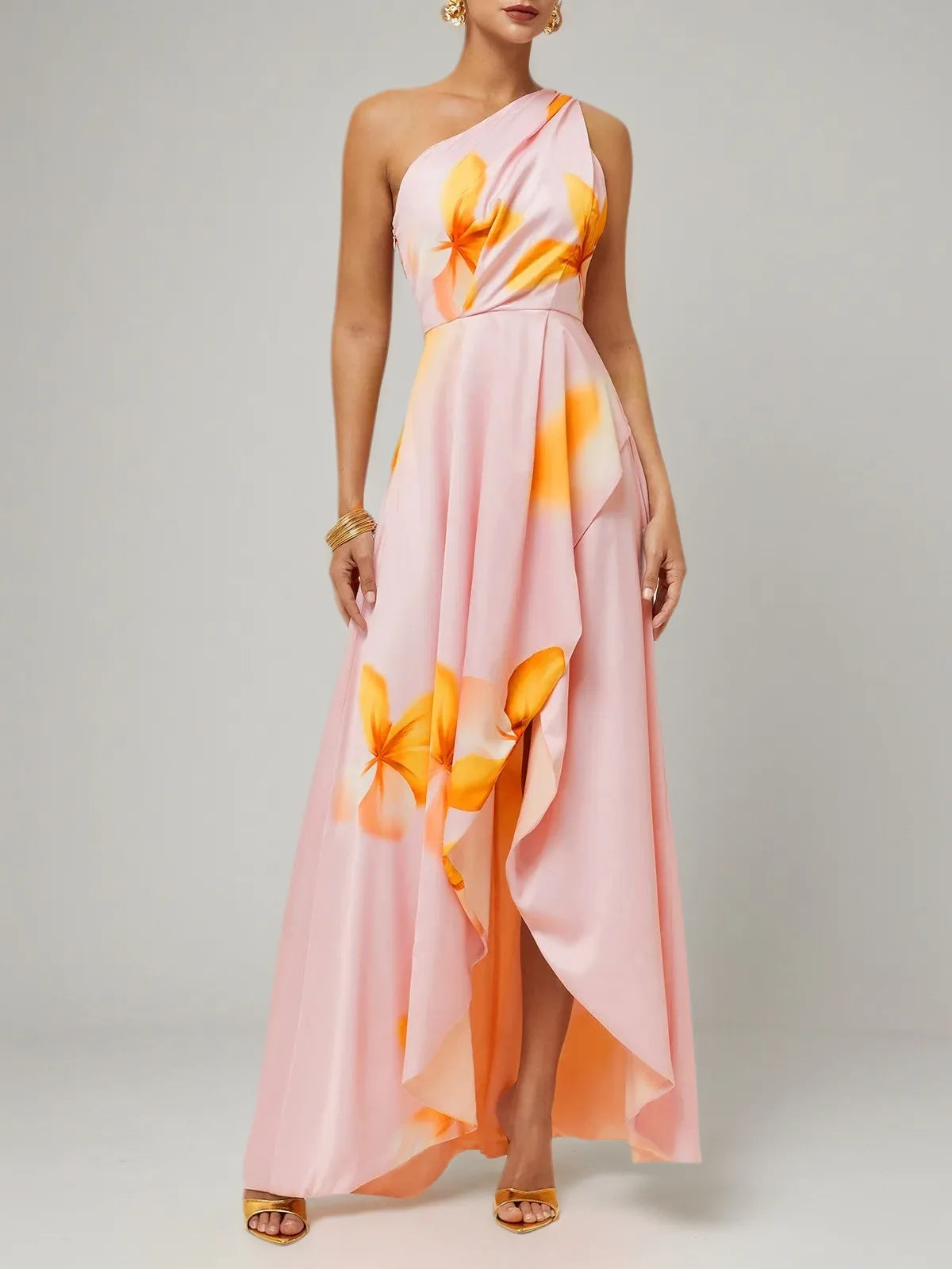 Orange Pink Floral One Shoulder Slit A Line Gown