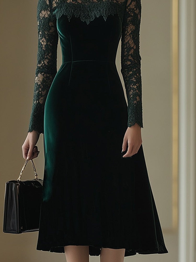 Elegant Retro Velvet Stitching Lace High Collar Long Sleeve Midi Dress