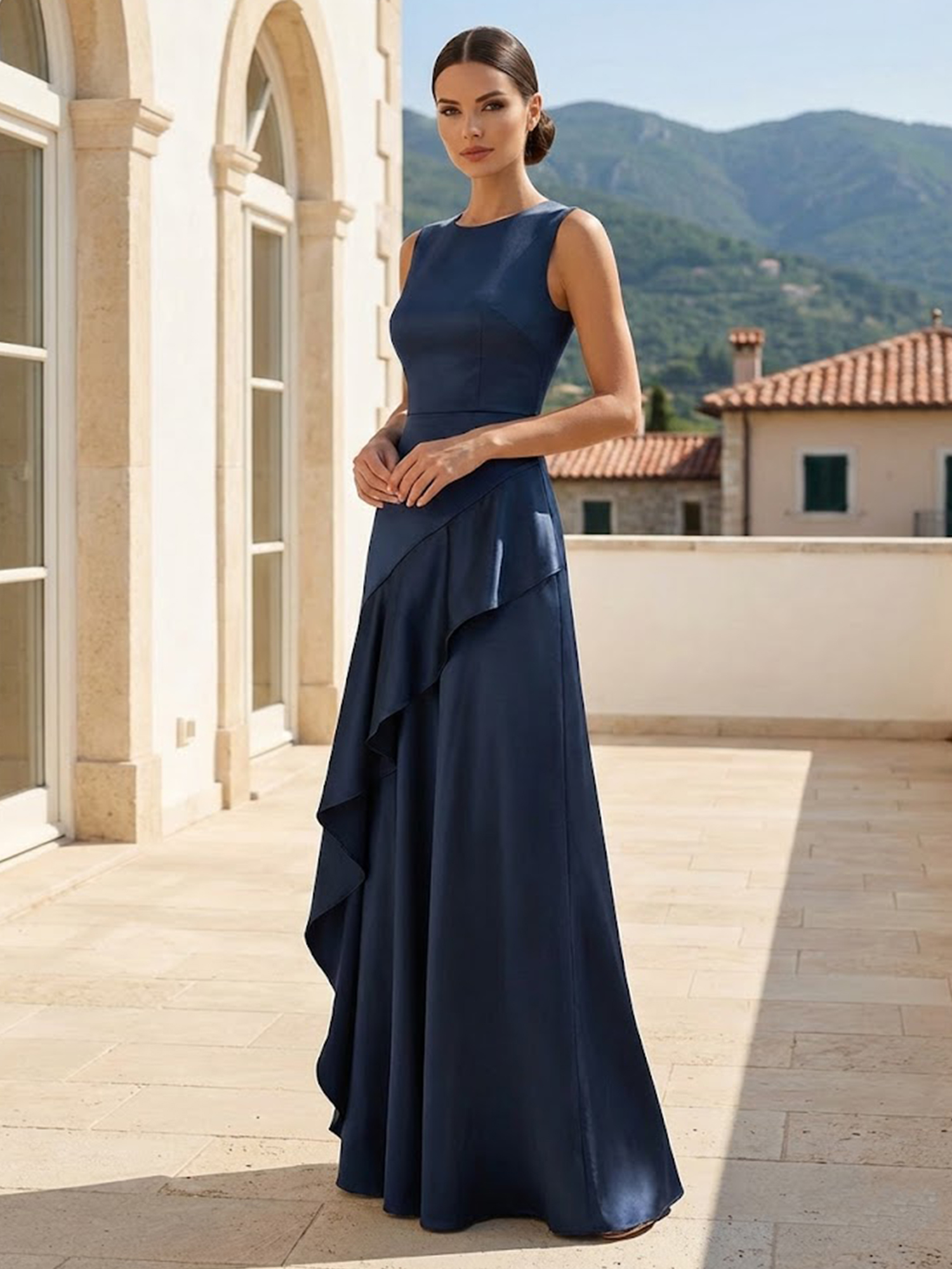 Navy Blue Satin Sleeveless Maxi Dress With Asymmetric Draping