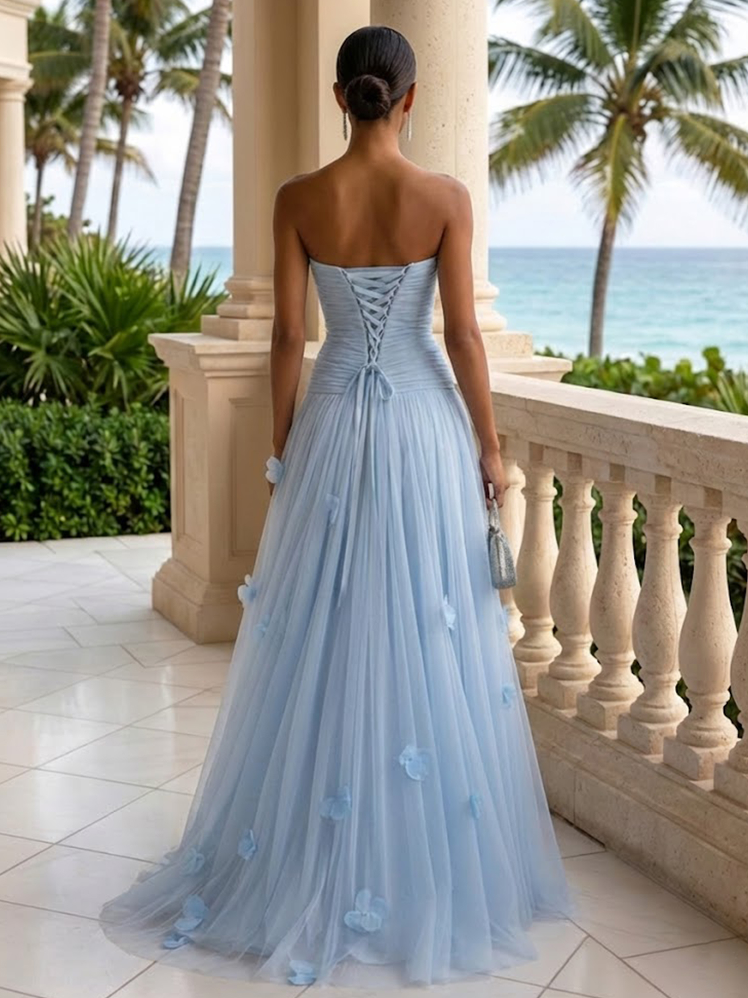 Light Blue 3D Floral Ruched Tulle Strapless Sleeveless A-Line Gown Dress