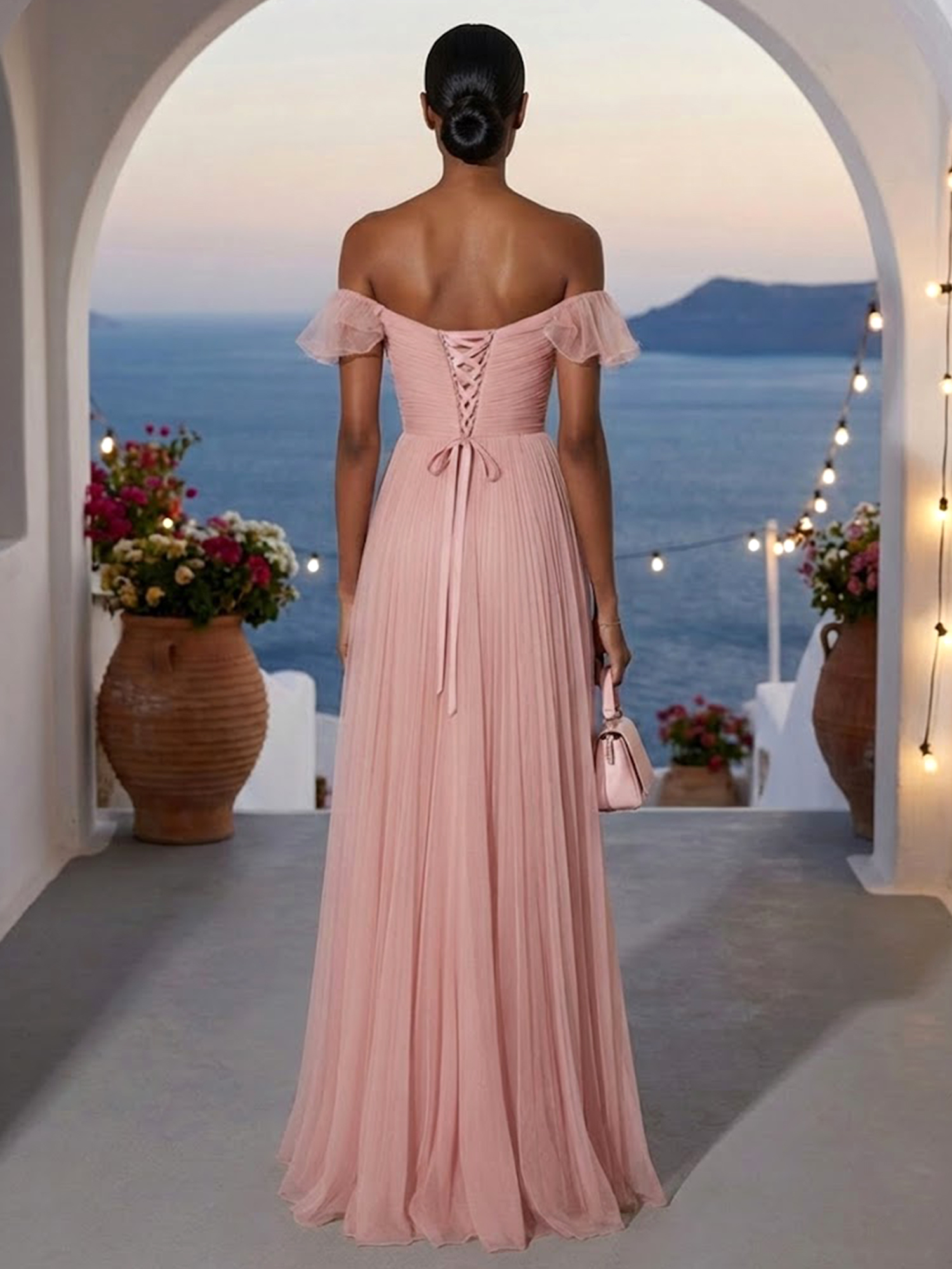 Pink Ruffled Pleated Tulle Off The Shoulder Short Sleeve A-Line Gown Dress