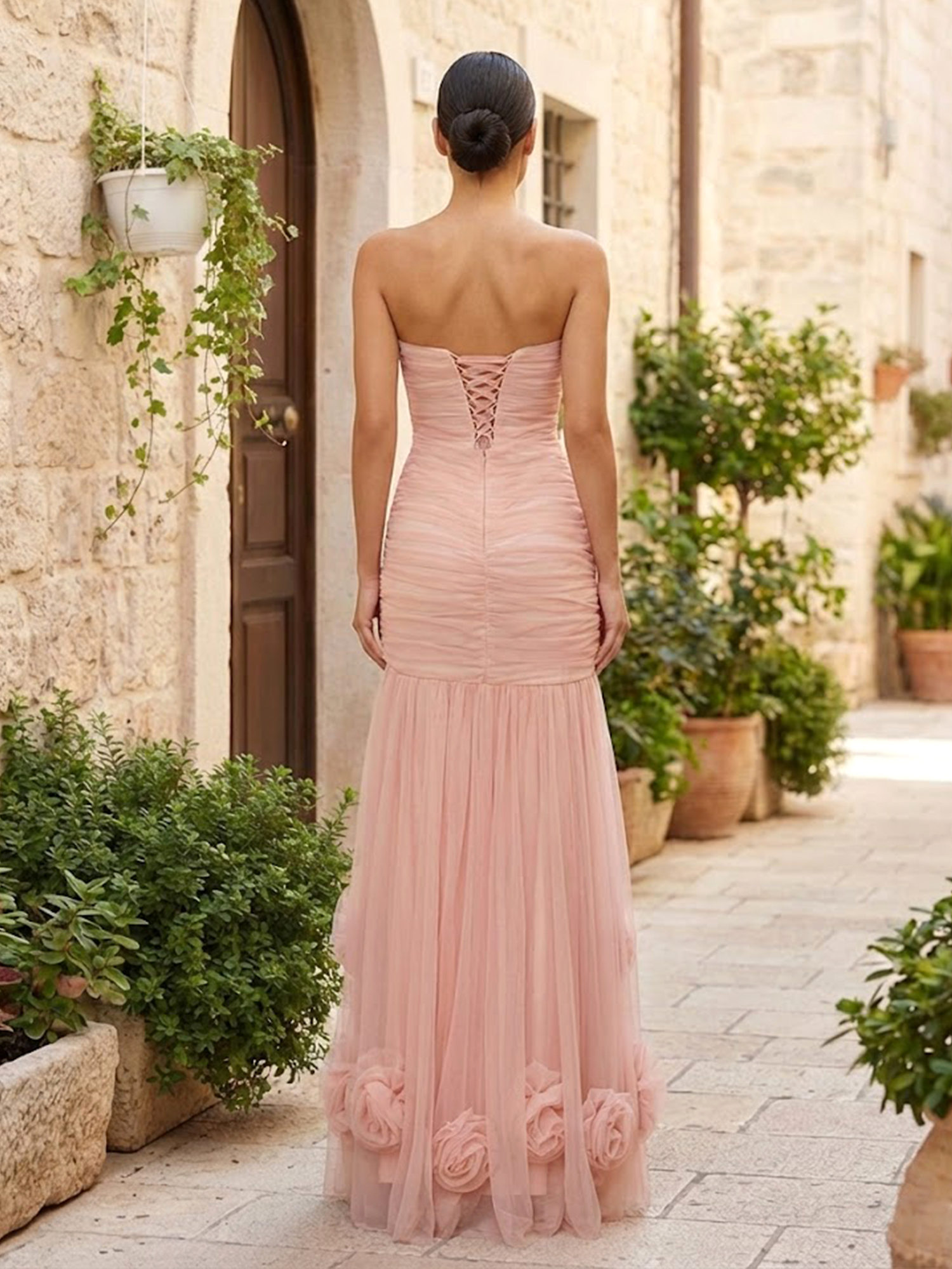 Pink 3D Floral Ruched Tulle Strapless Sleeveless Mermaid Maxi Dress