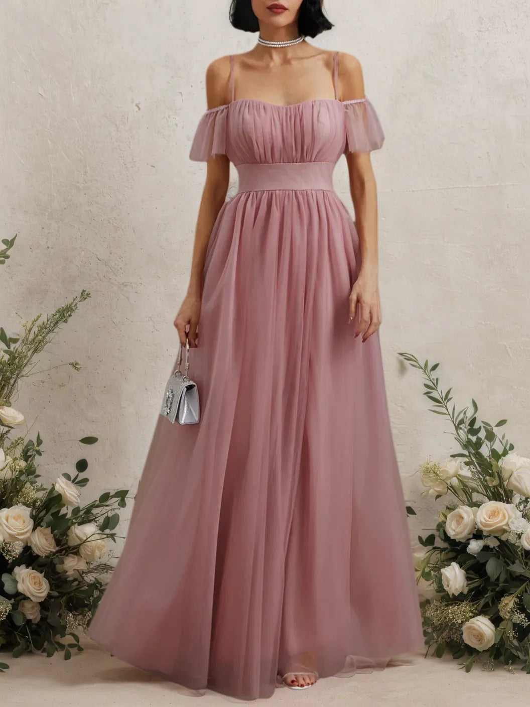 Pink Classic Off The Shoulder Short Sleeve A-Line Maxi Dress
