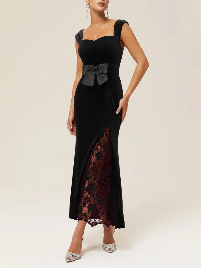 Black Lace Bow Sleeveless Mermaid Maxi Velvet Dress