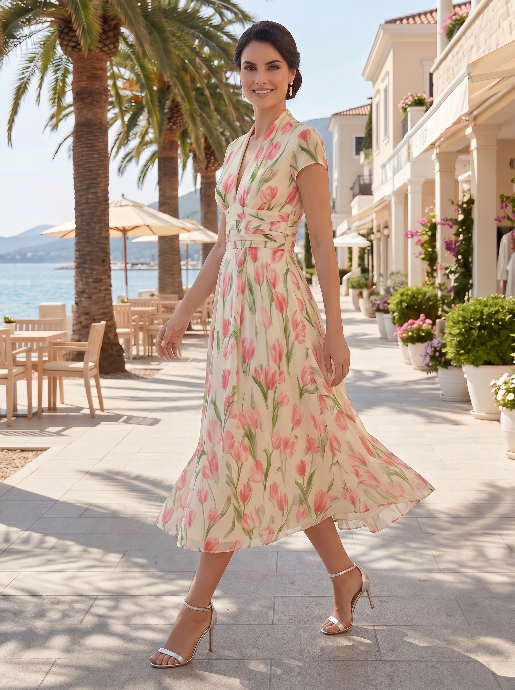 Tulip Bloom Deep V Waist Detail Maxi Dress