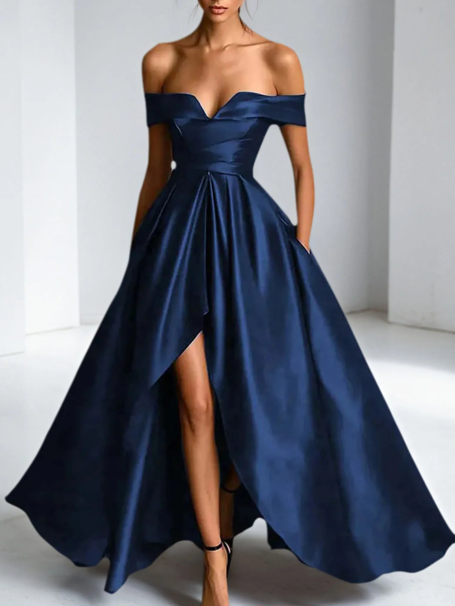 Formal Dress A Line Satin Off The Shoulder Slit Maxi Dress