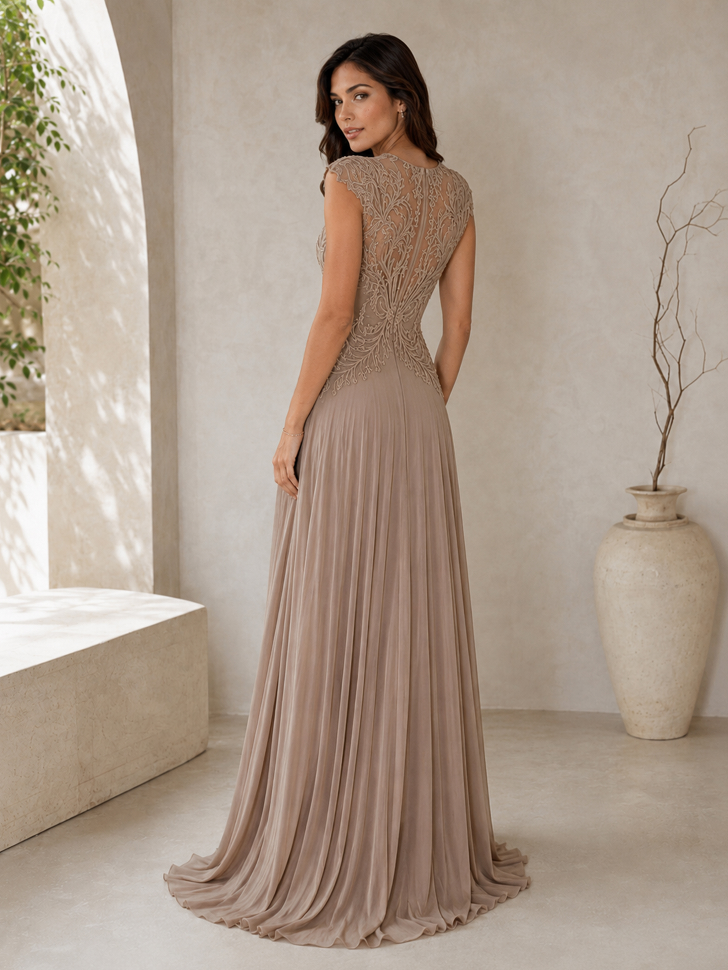 Embroidered Applique Pleated Long Evening Gown