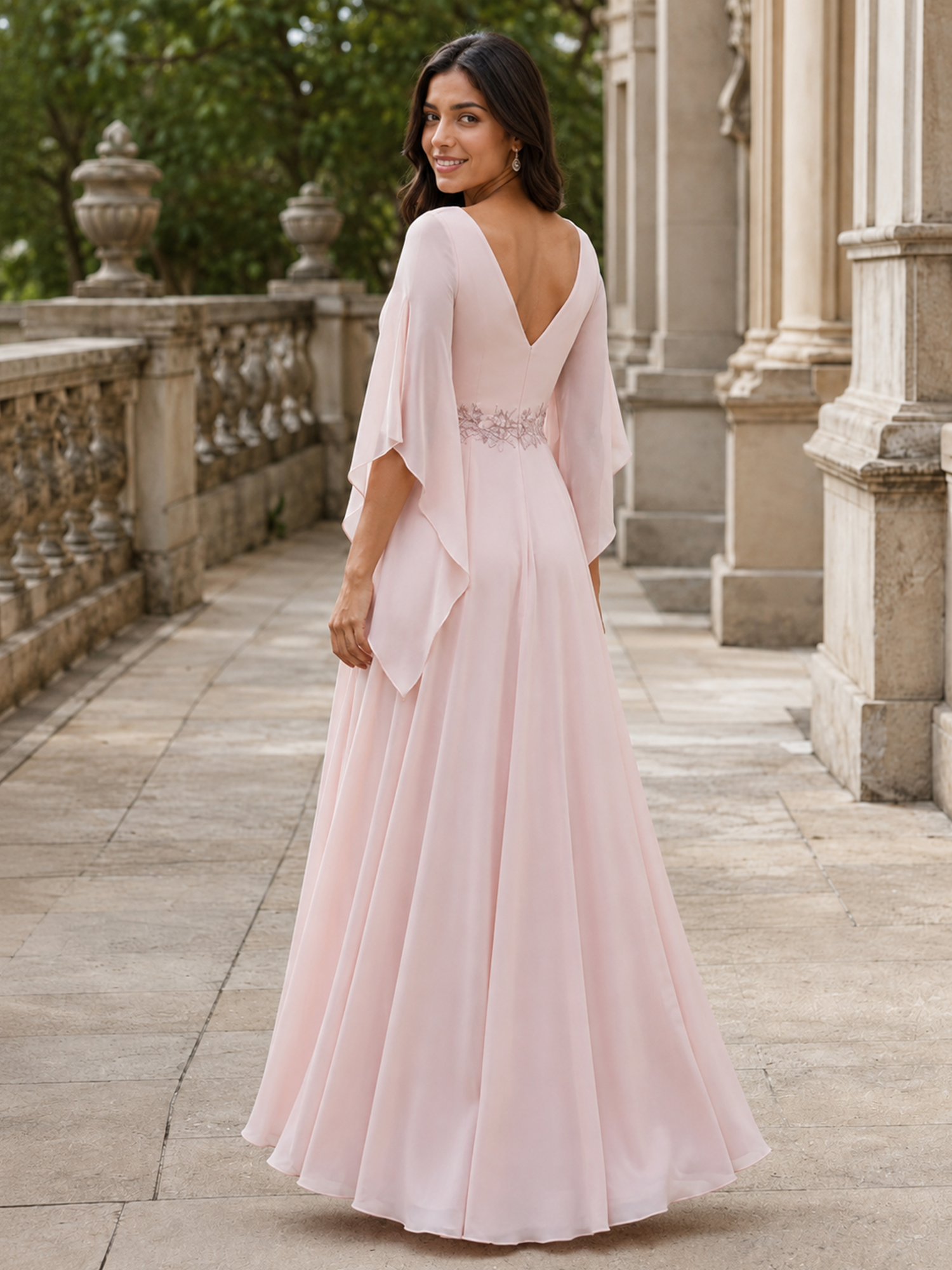 Crew Neck Long Bell Sleeve Applique A-Line Evening Gown