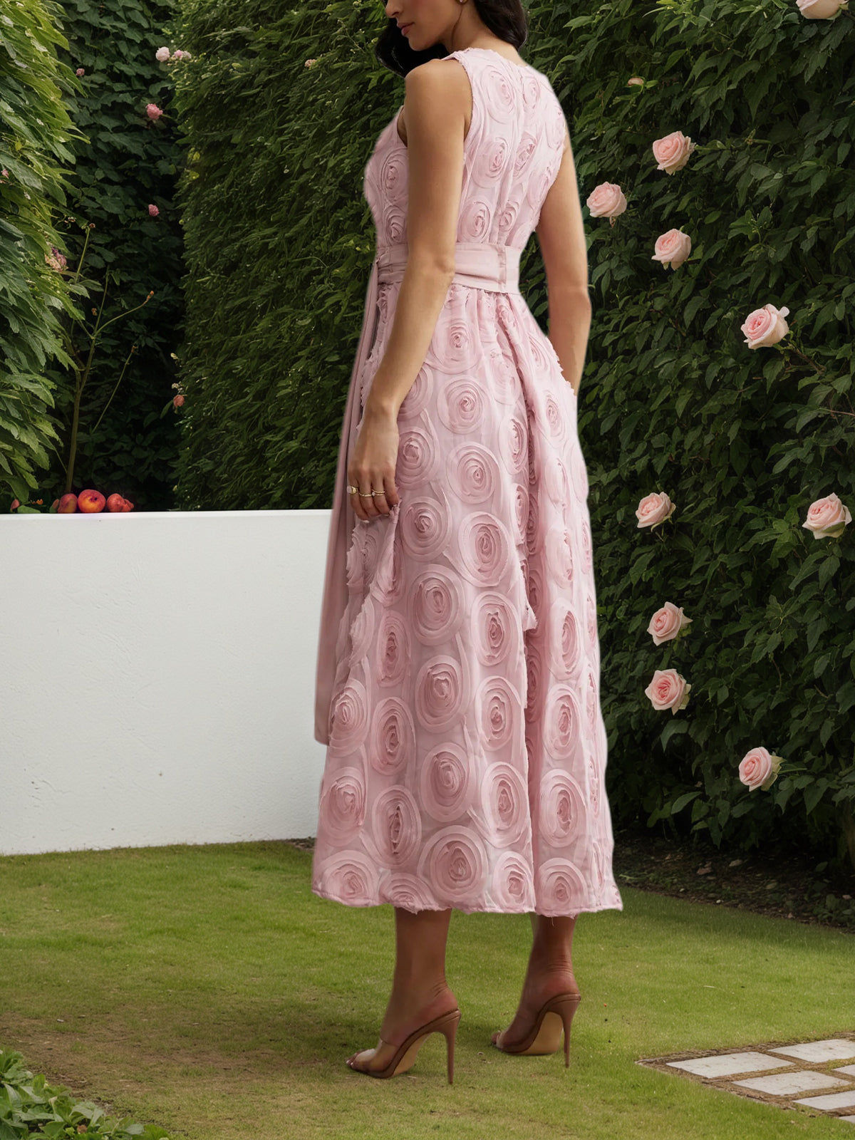 Pink Rosette Applique Sleeveless Maxi Dress