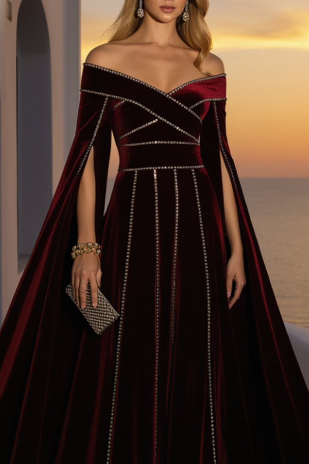 Formal Burgundy Velvet Dress Off The Shoulder Long Sleeve Maxi Gown