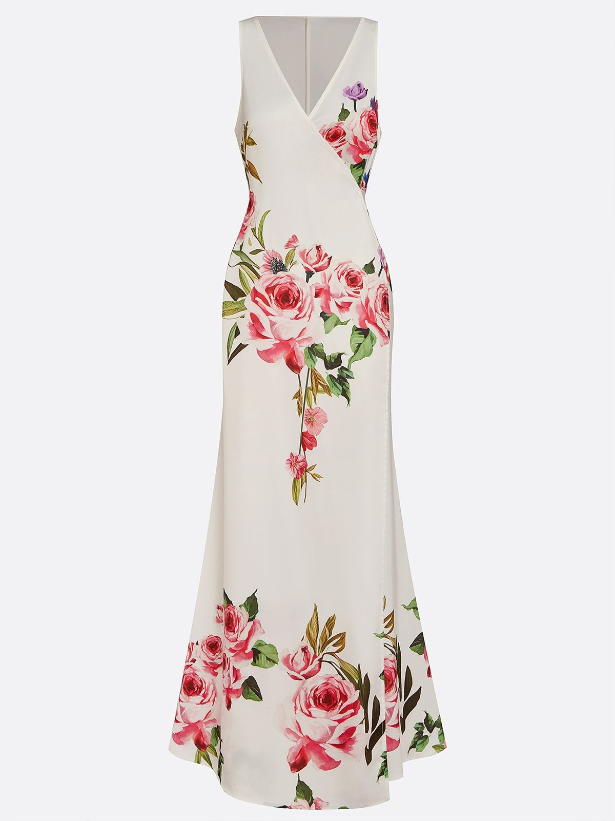 Pink Cross Floral V Neck Sleeveless Mermaid Gown Dress