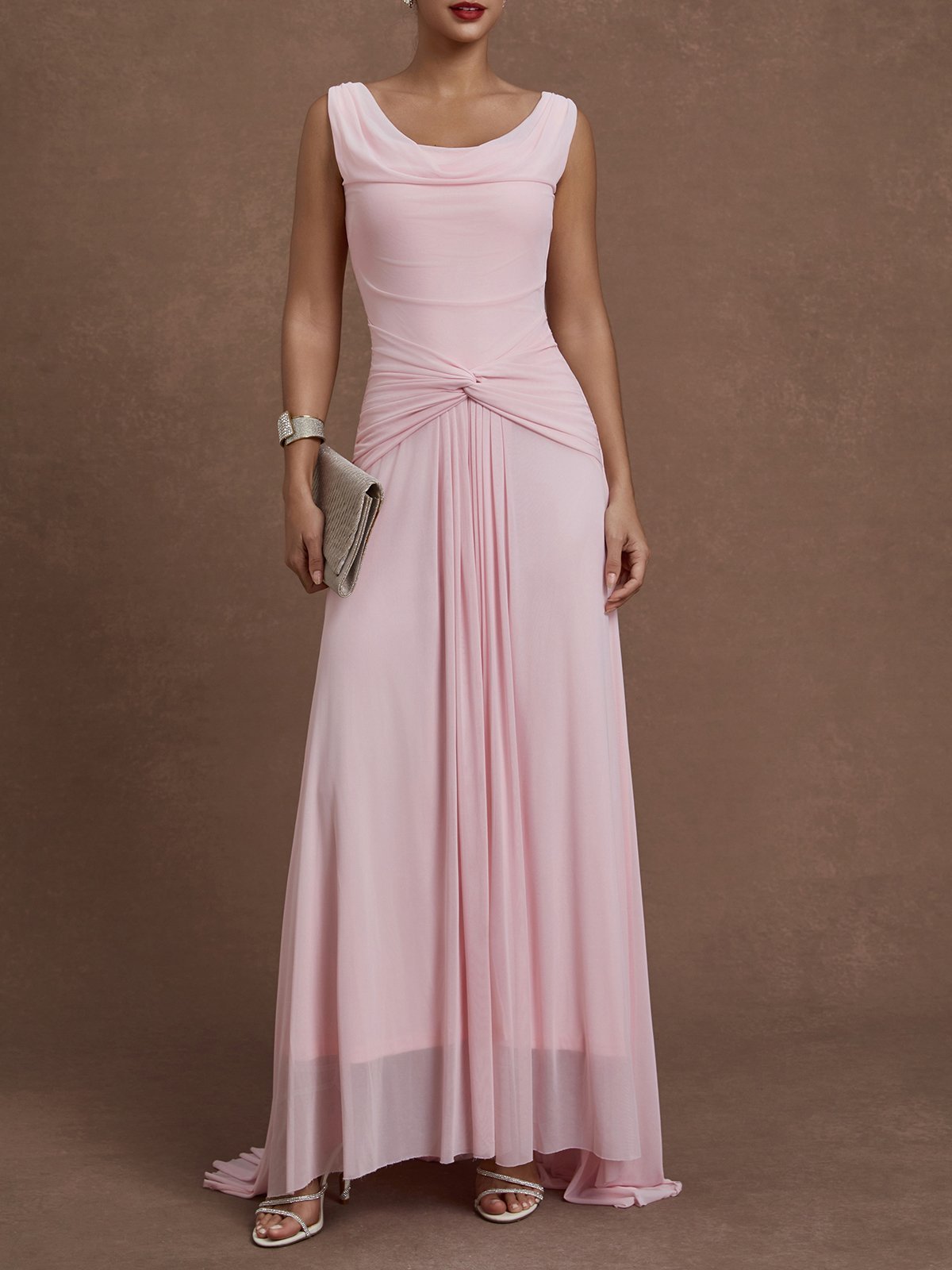 Pink Ruched Slit Tulle Cowl Neck Sleeveless A-Line Gown Dress