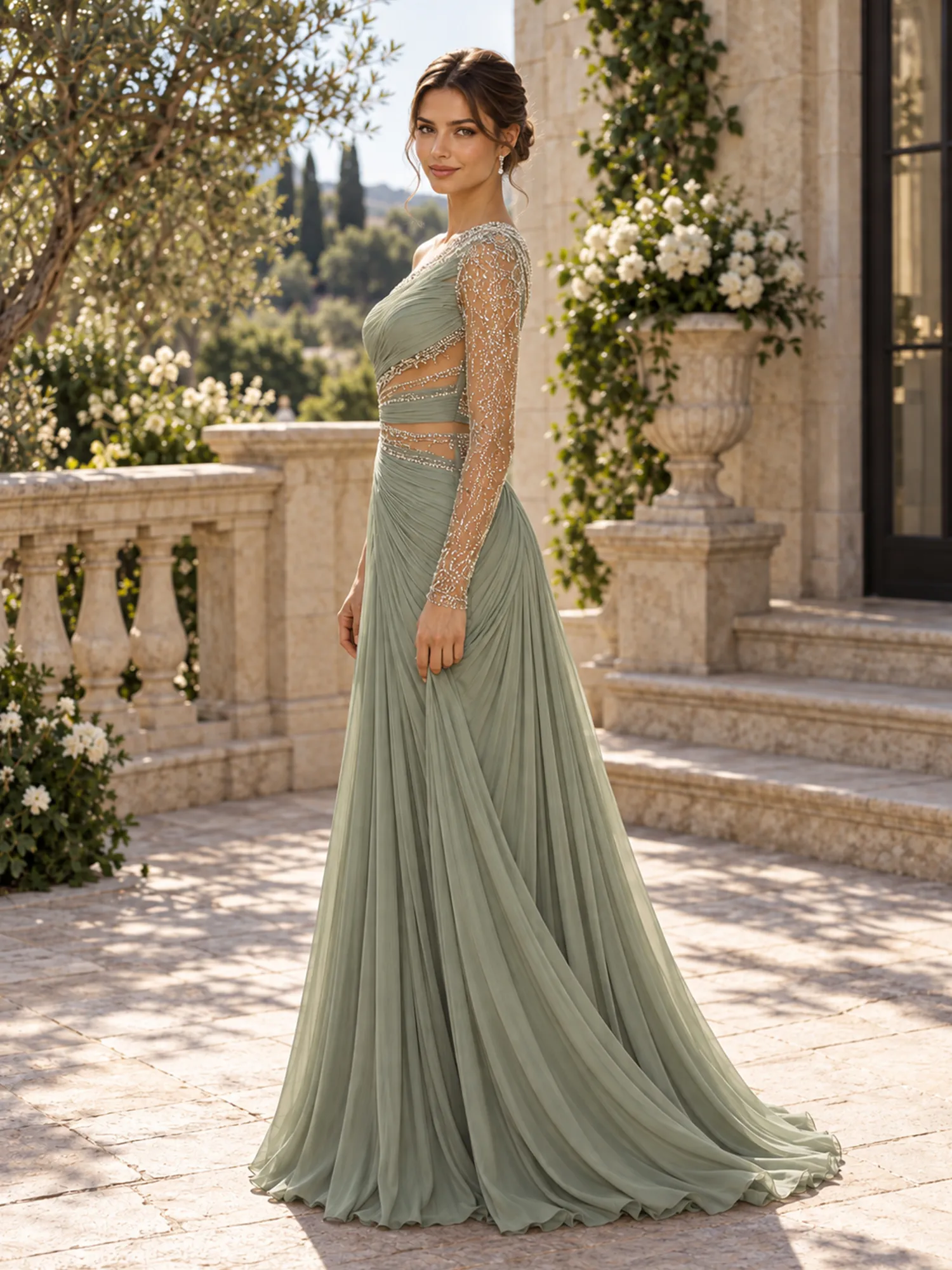 One-Shoulder Beaded Cutout Tulle Evening Gown