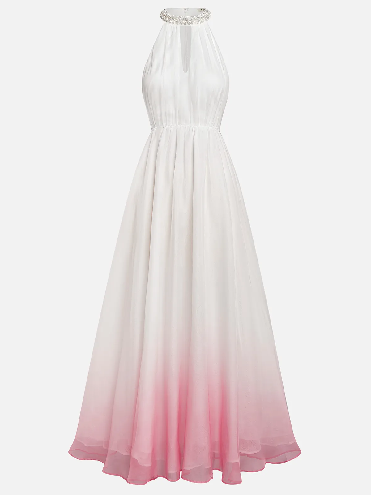Pink Chiffon Halter Ombre Pearl Cut Out Sleeveless A-Line Mock Neck Maxi Dress