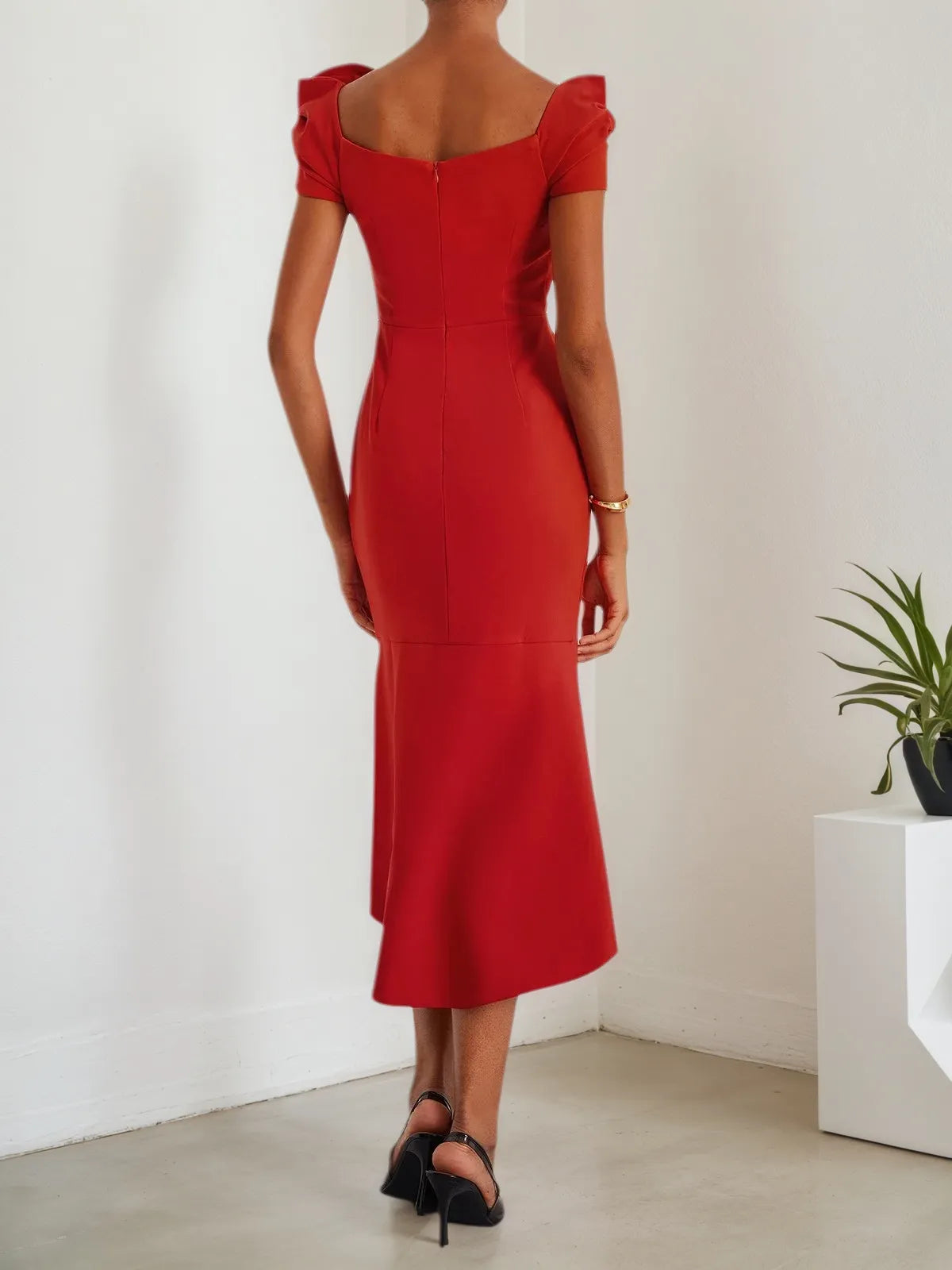 Red 3D Floral Off The Shoulder Mermaid Midi Dress