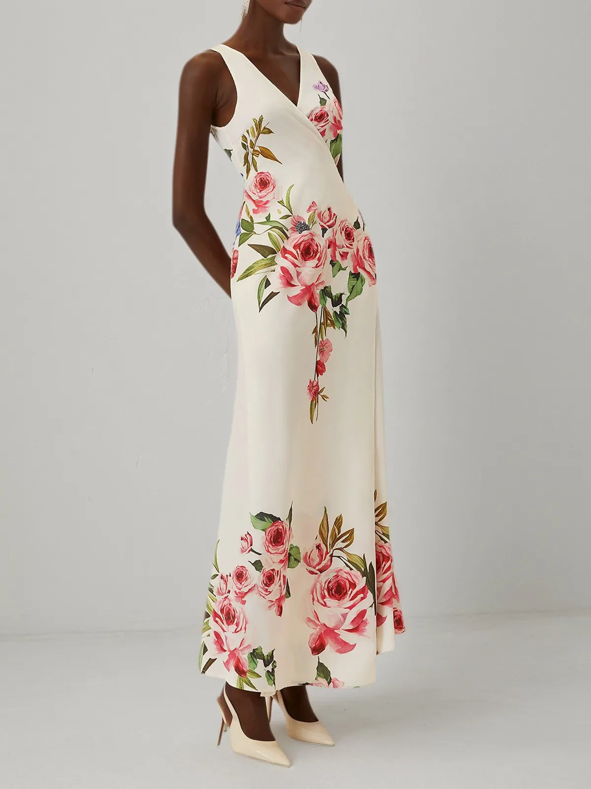 Pink Cross Floral Wrap Dress V Neck Sleeveless Mermaid Gown Dress