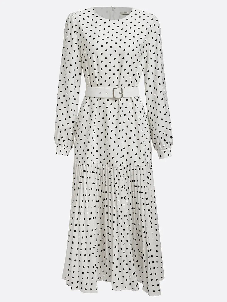 White Pleated Polka Dots Classic Crew Neck Long Balloon Sleeve A-Line Midi Dress