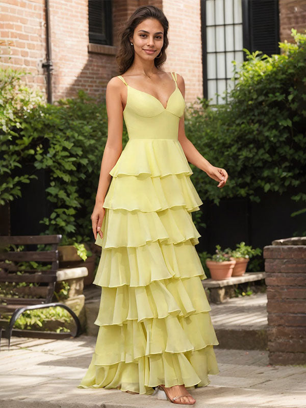 Yellow A Line V-Neck Ruffled Tiered Chiffon Prom Dress with Slit