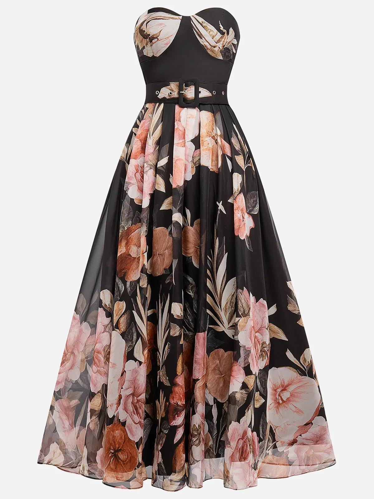 Black Floral Chiffon Strapless Sleeveless A-Line Midi Dress