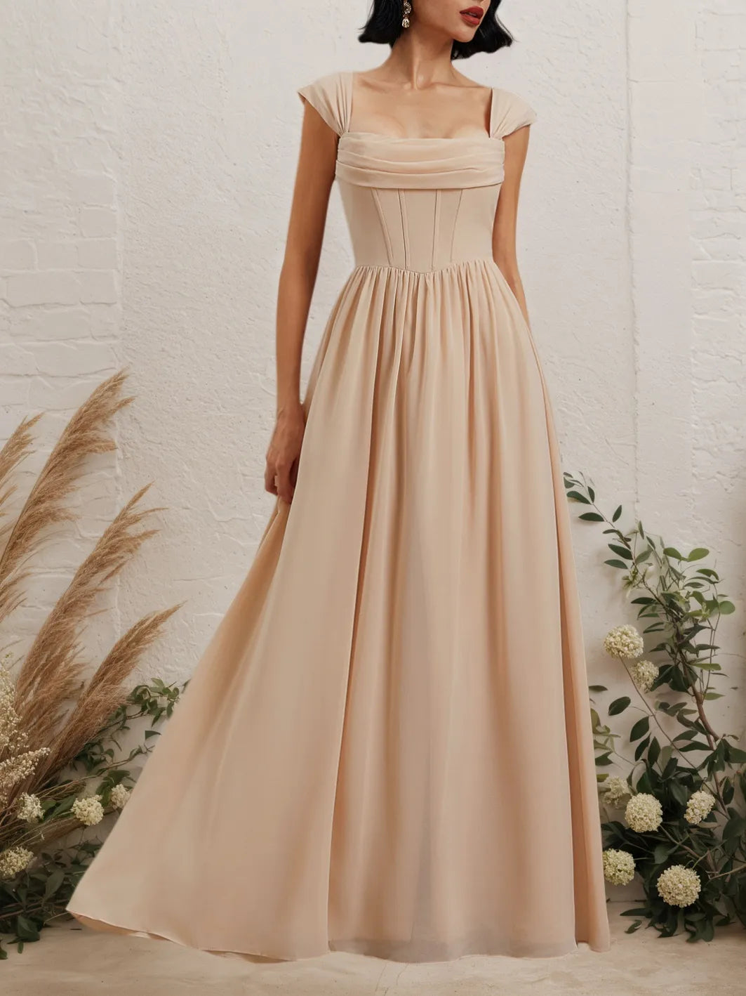 Pink Classic Square Neck Sleeveless A-Line Maxi Dress