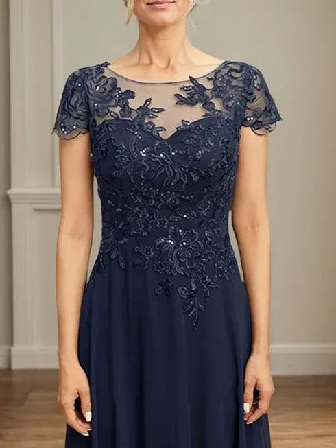 A-line Illusion Scoop Tea-Length Lace Chiffon Mother of the Bride Dress With Sequins